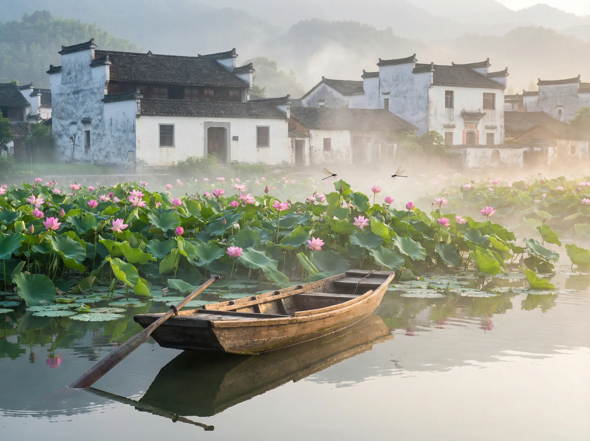 清晨荷塘小舟，粉色荷花盛开，白墙黑瓦的村庄 - 少林僧兵下载 水乡风情